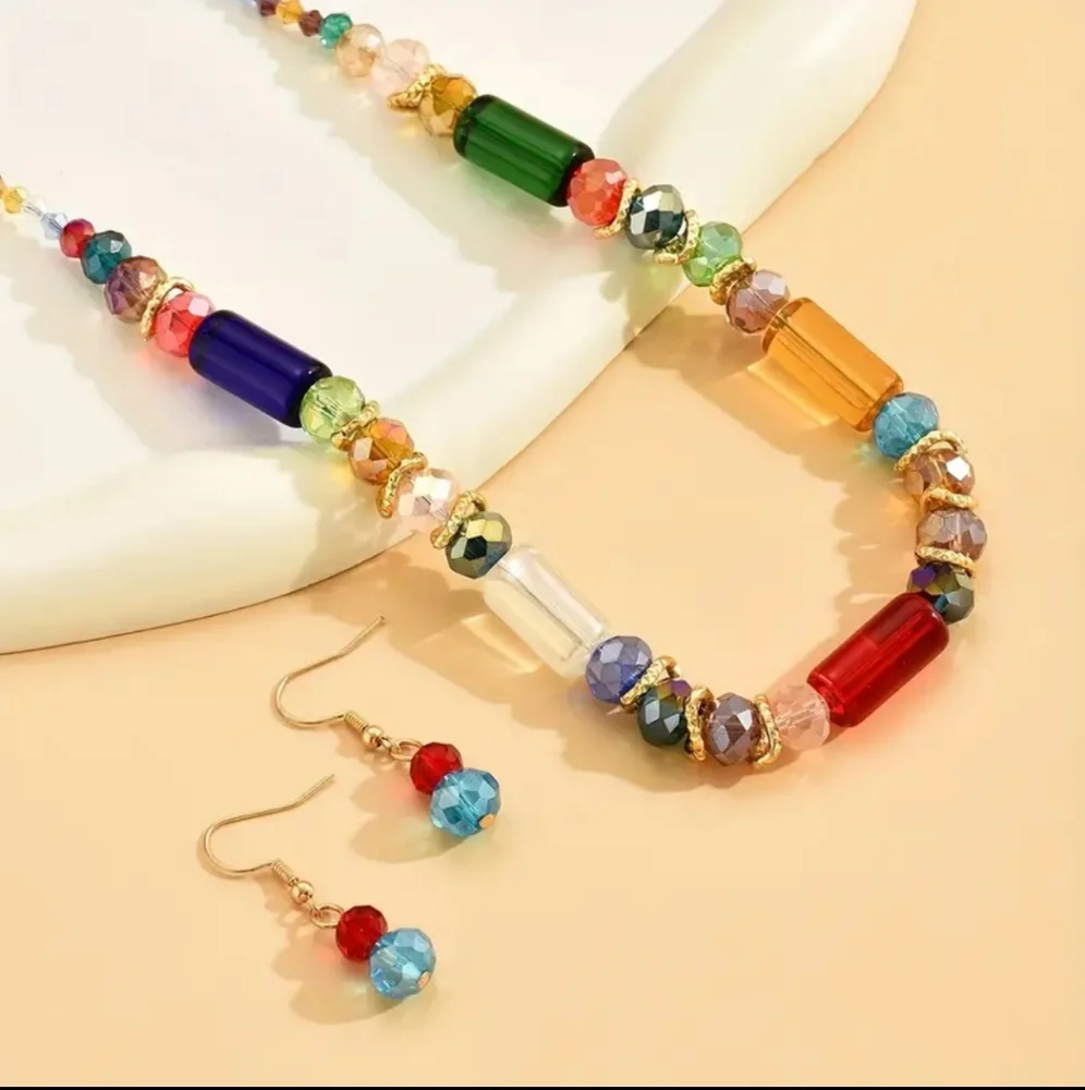Handmade Charming Glass and Brass Necklace and Earring Set.